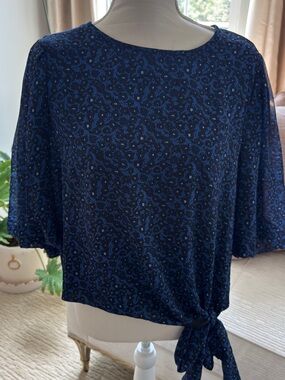 Vince Camuto Navy and Black Patterned Trim Blouse